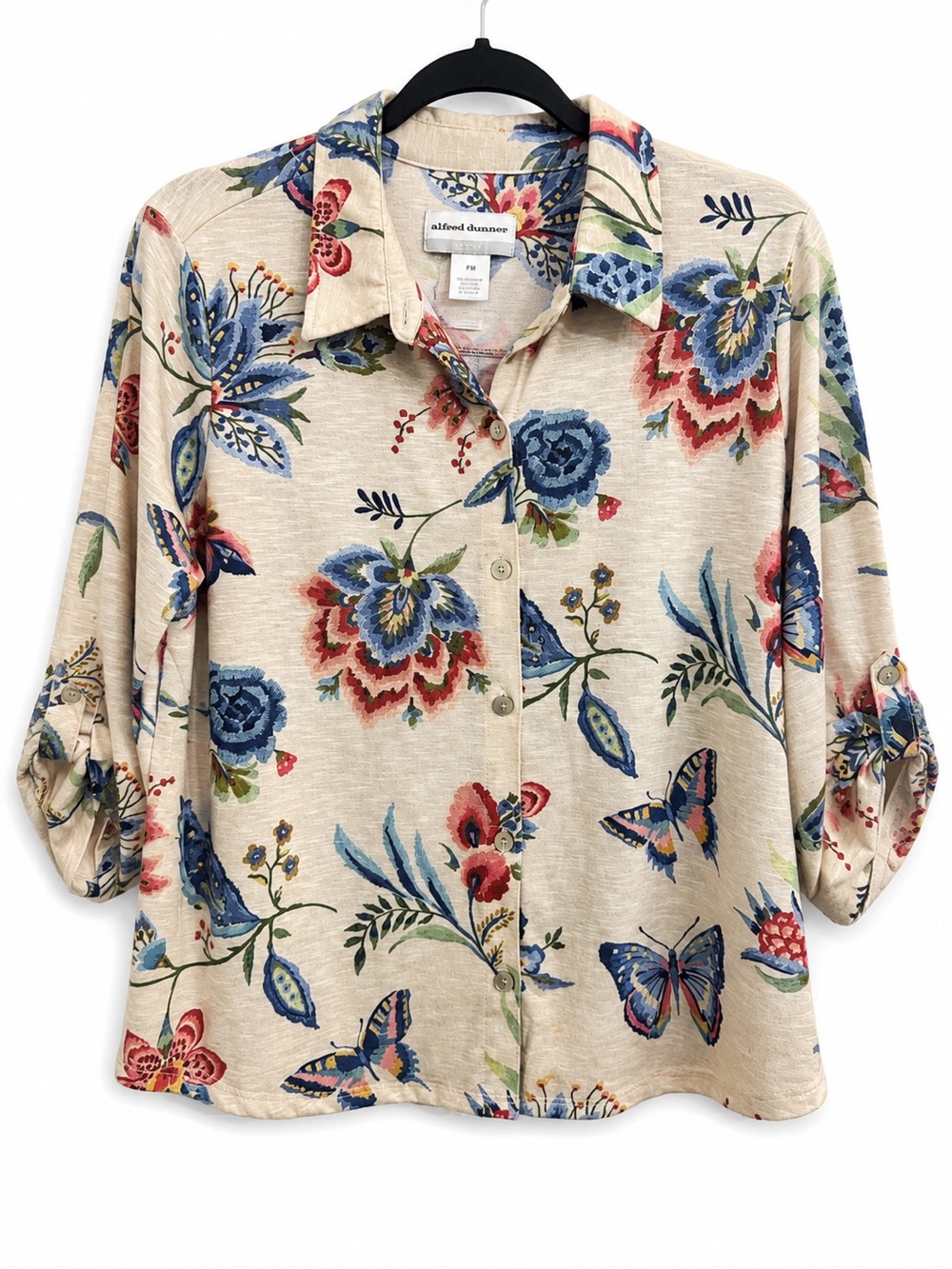 Alfred Dunner Floral Butterfly Button Front Novelty Blouse Roll Sleeve Top M
